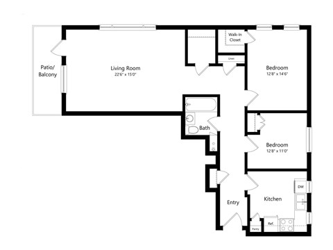 Floor plan for 2 beds, 1 bath, 1112 sqft